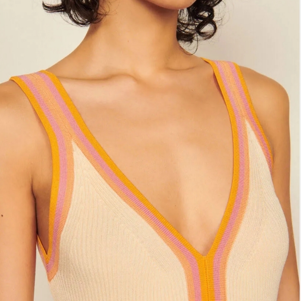 Sandro Piana V Neck Ribbed Midi Dress Ecru Orange Boarder Stripe 42 - Picture 2 of 16